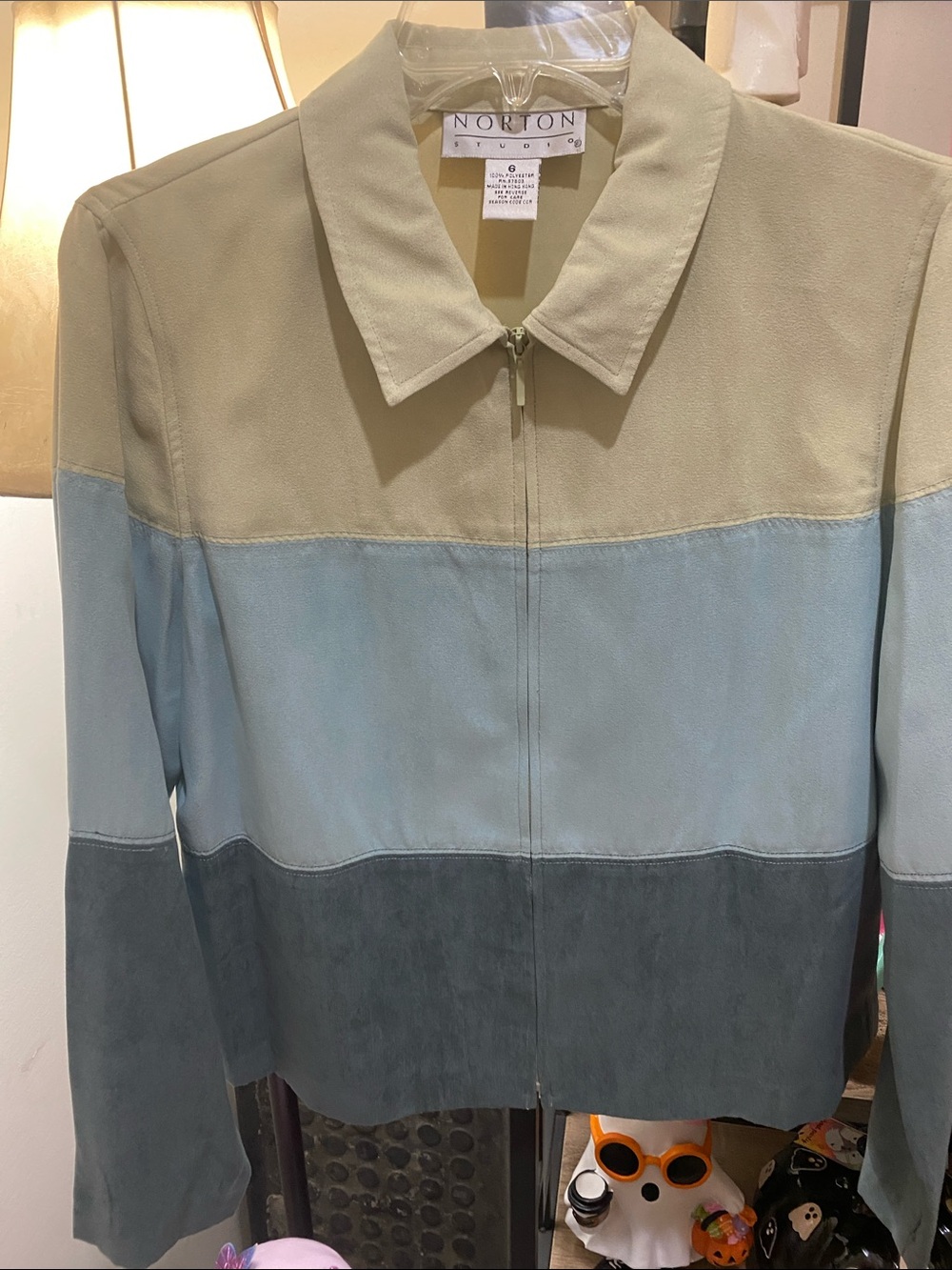 Norton Studio Colorblock Zip Bomber Jacket in Beige, Light Blue & Slate